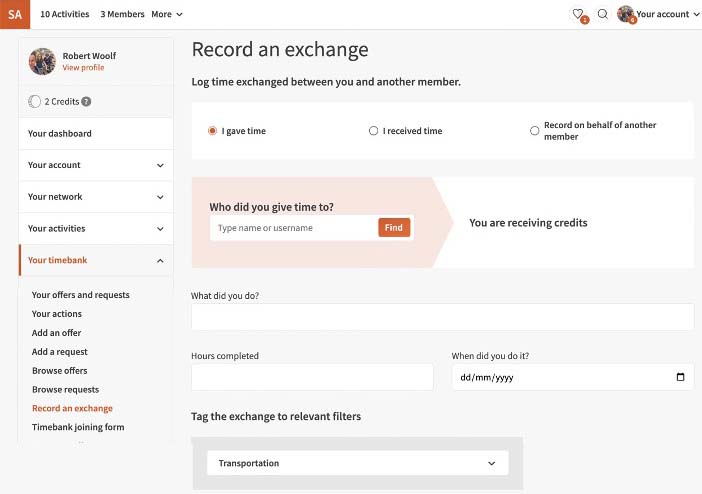 Timebank members can instantly record an offline exchange.